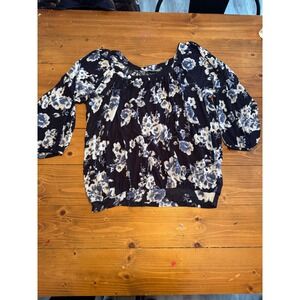 Dalia Black Blue Floral Print Balloon Sleeve Blouse Top Womens M‎